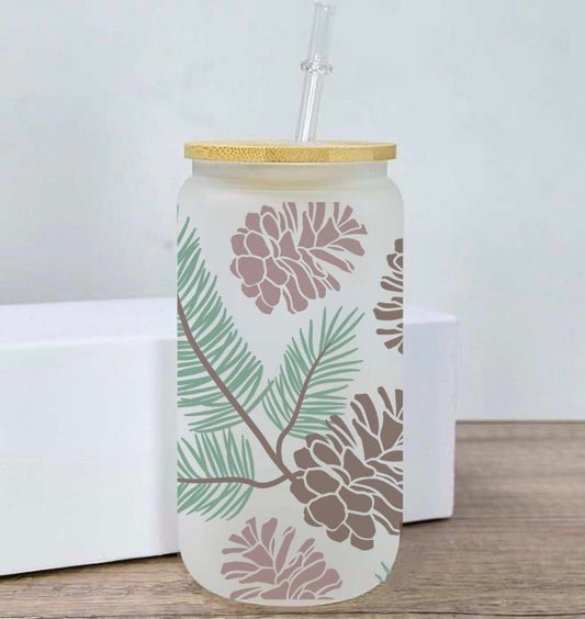 Pinecone 16oz Clear Glass Can with Bamboo Lid & Straw