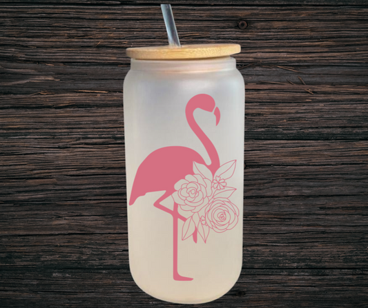 Flamingo 16oz Frosted Glass Can with Bamboo Lid & Straw