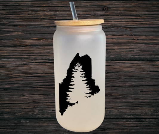 Maine Trees 16oz Frosted Glass Can with Bamboo Lid & Straw