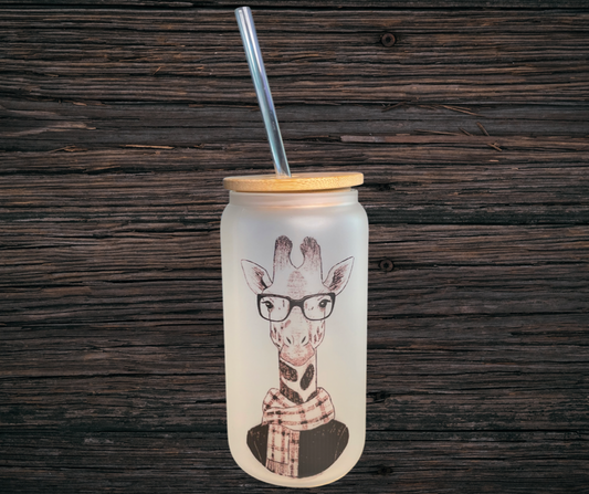 Giraffe 16oz Frosted or Glass Can with Bamboo Lid & Straw