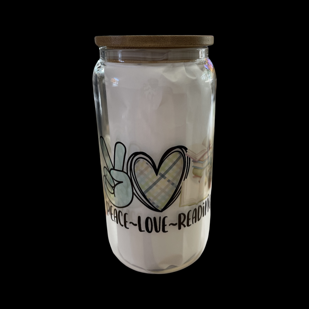 Peace - Love - Reading - 16oz Glass Can with Bamboo Lid & Straw