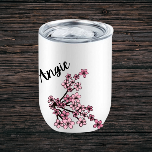 Personalized 12 oz Pink Floral Wine Tumbler