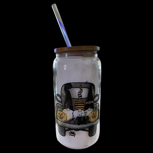 Halloween Gnomes - 16oz Glass Can with Bamboo Lid & Straw