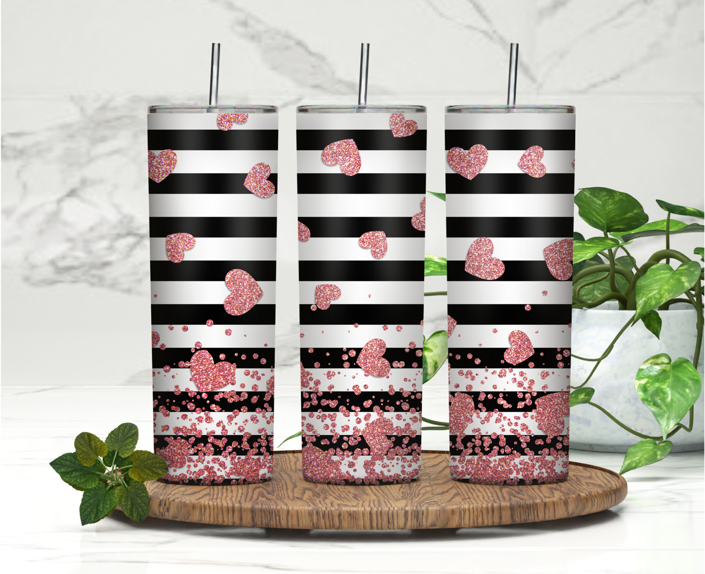 Black Strip Pink Hearts | 20oz Skinny Tumbler