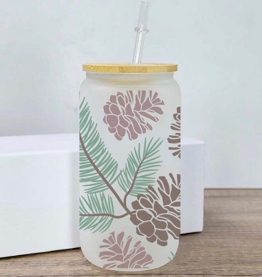 Pinecone 16oz Clear Glass Can with Bamboo Lid & Straw