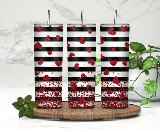 Black Strip Red Hearts | 20oz Skinny Tumbler