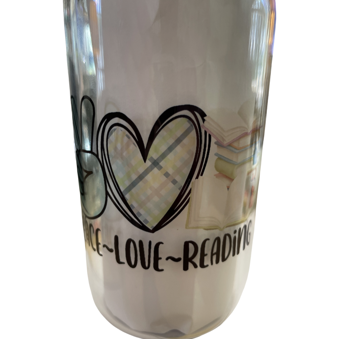 Peace - Love - Reading - 16oz Glass Can with Bamboo Lid & Straw